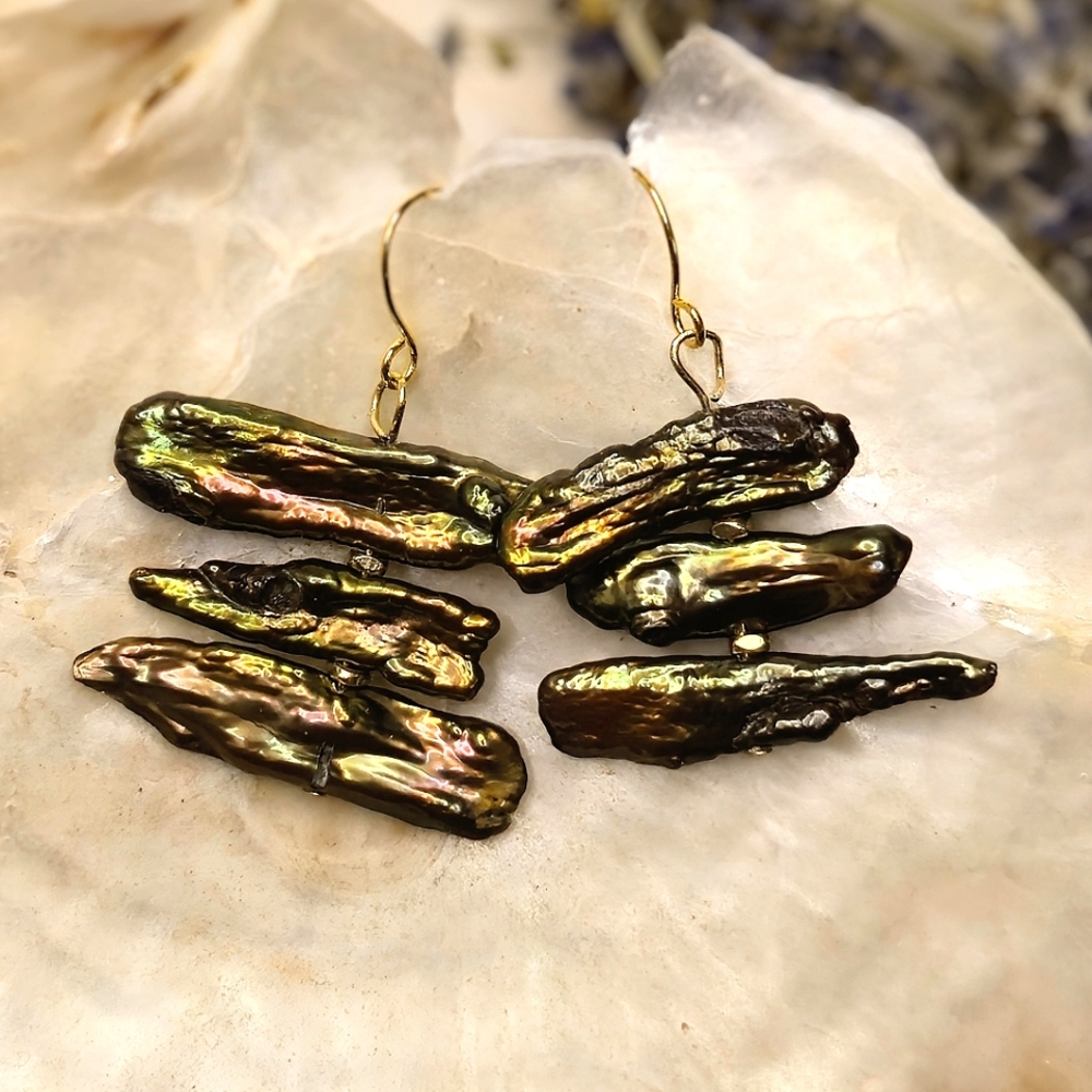 Genuine Keshi Green Metallic Stick Earrings In Gold Plated